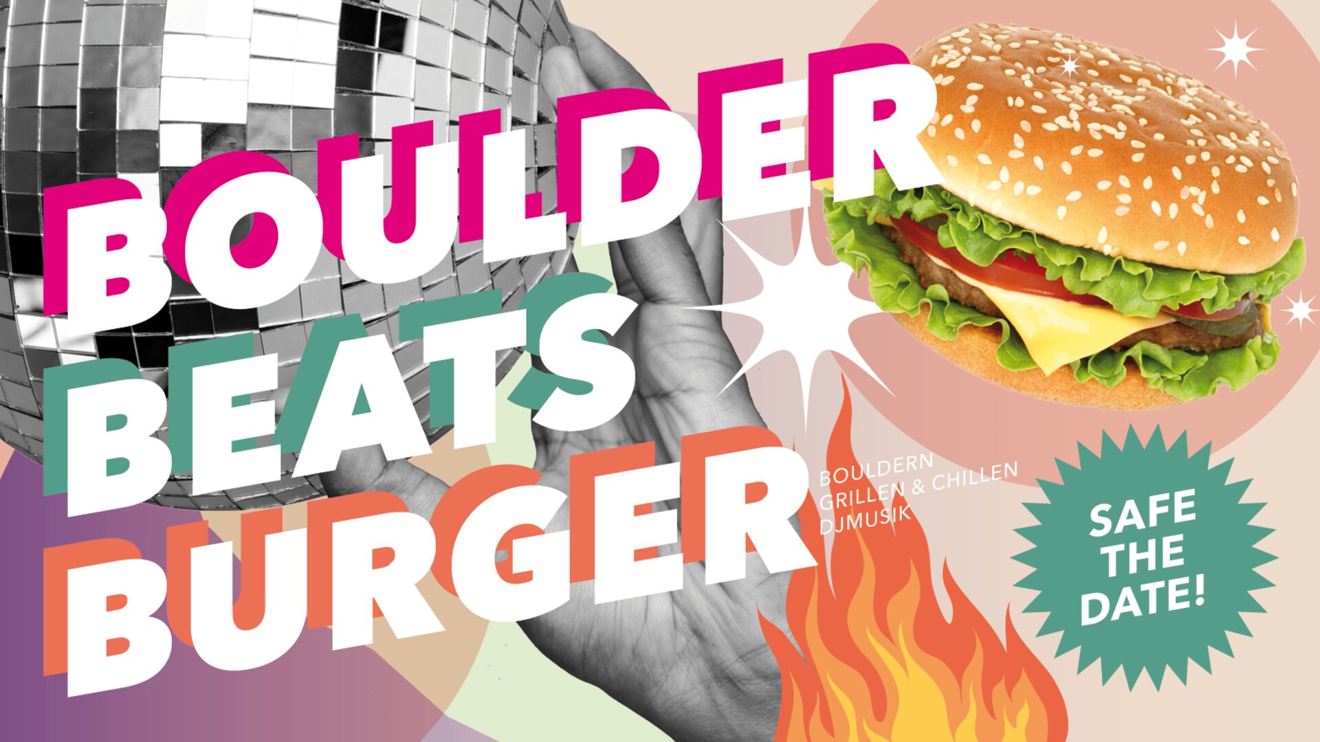 Burger mit Hand und Diskokugel | © diekletterarena