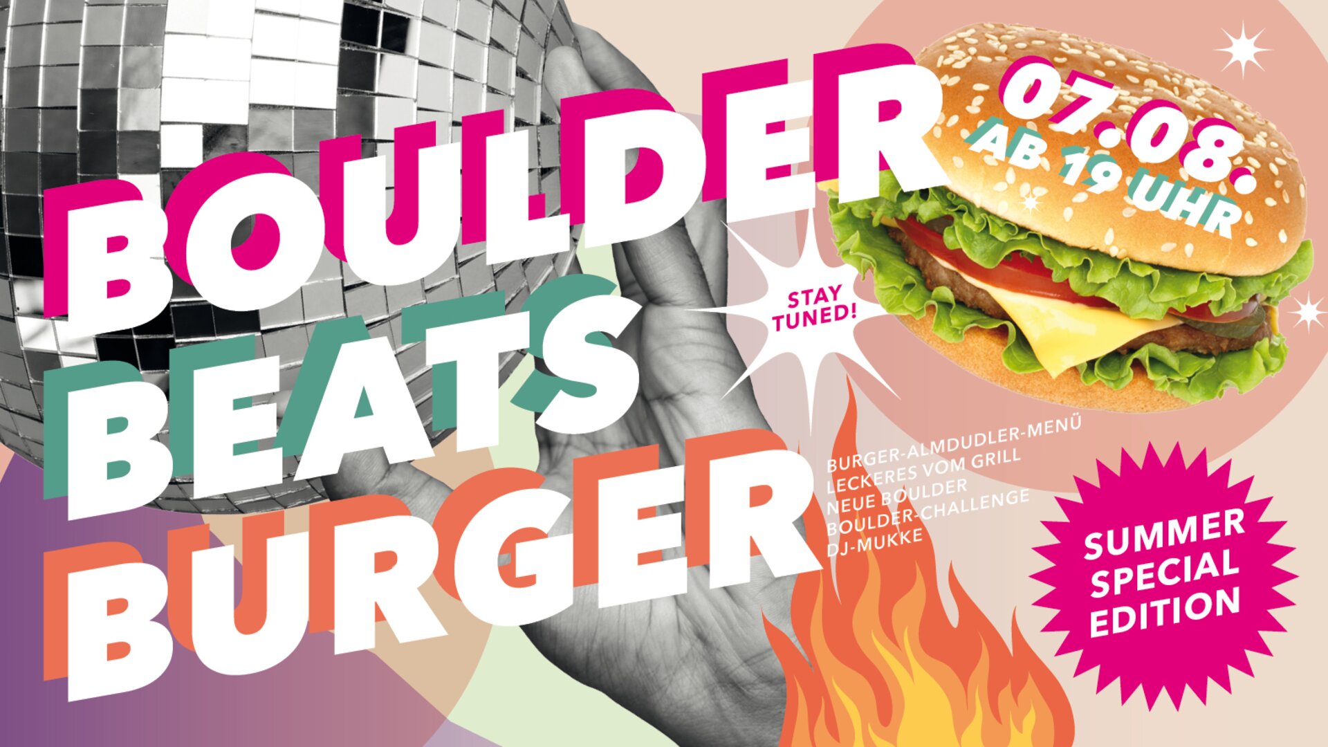 Burger mit Hand und Diskokugel | © diekletterarena