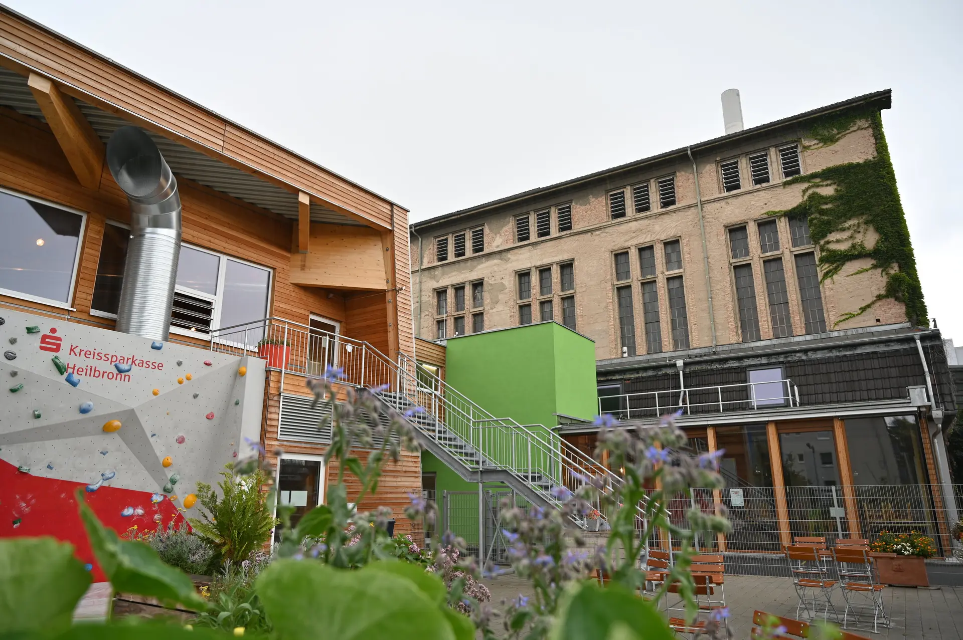 Boulder- und Kletterhalle mit Außenbereich im Vordergrund Blumen | © diekletterarena